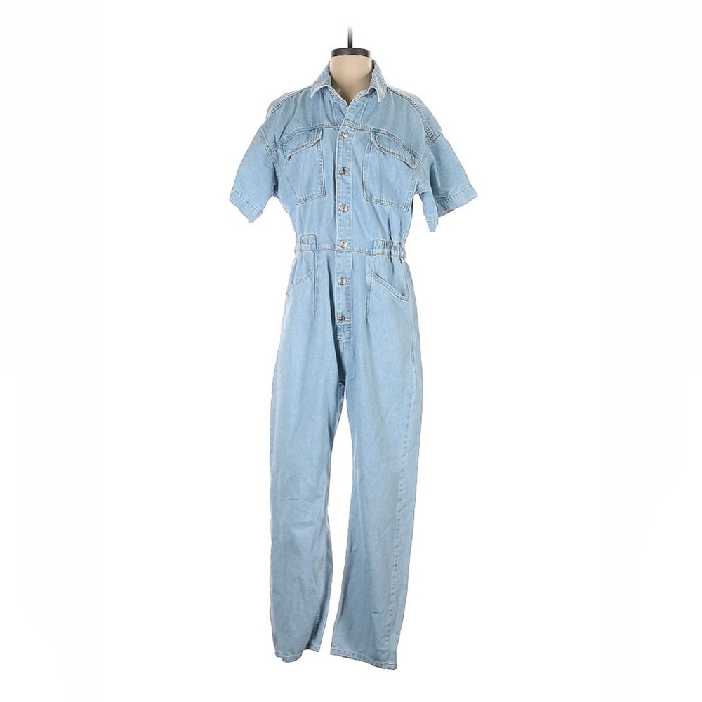 Free People Light Blue Denim Short-Sleeve Jumpsuit